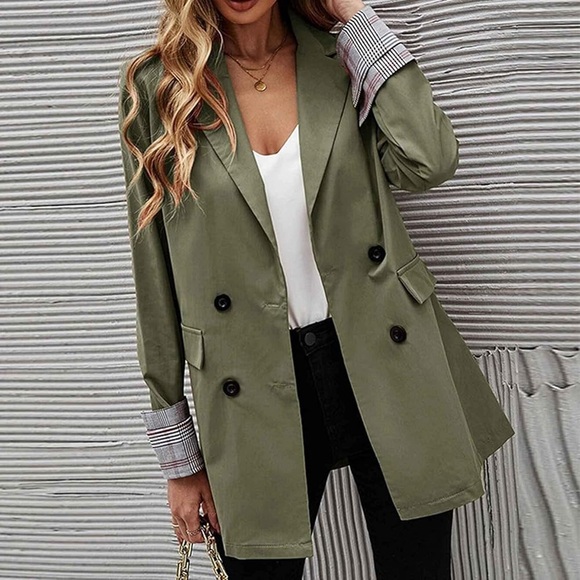 Army Green Suit Jacket Plaid Rolled Cuffs - Picture 1 of 1